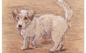 Mixed media portrait of "Lucy" a mischievous Jack Russell