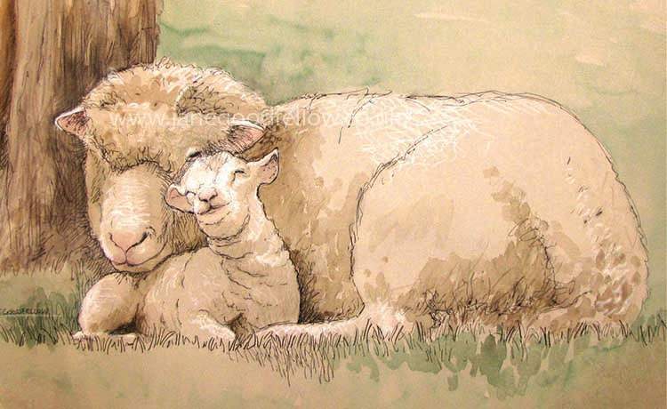 Mixed media artwork of a "Ewe and Lamb"